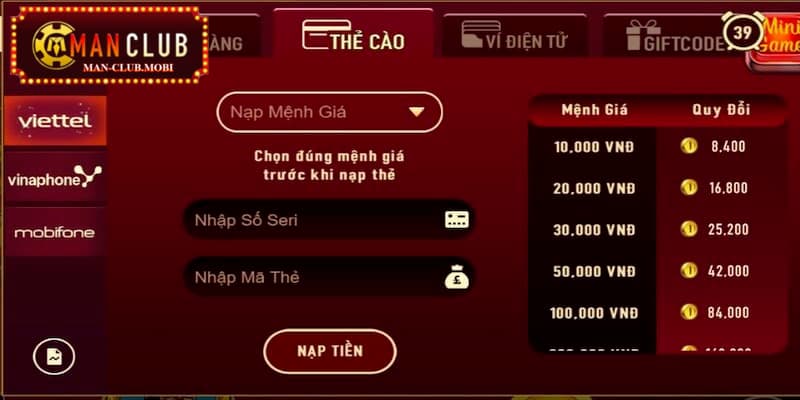 Rút tiền Manclub Cách rút tiền Manclub bằng thẻ cào điện thoại